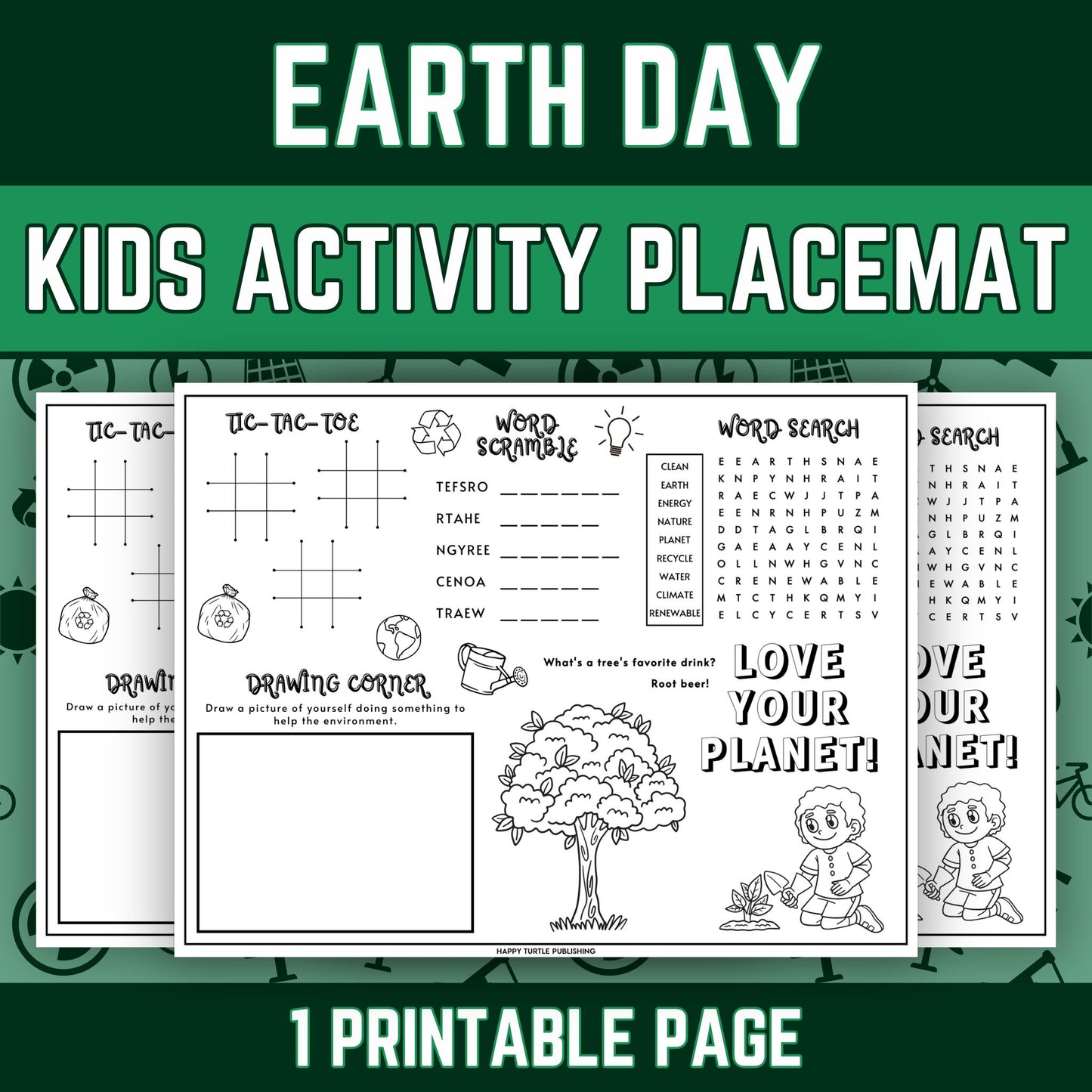 Earth Day Activity Placemat, Printable Puzzles Coloring & Games for Kids, Classroom Activities, Party Idea