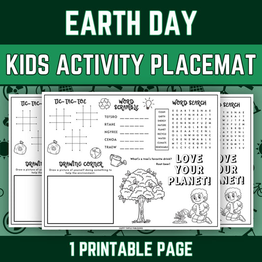 Earth Day Activity Placemat, Printable Puzzles Coloring & Games for Kids, Classroom Activities, Party Idea