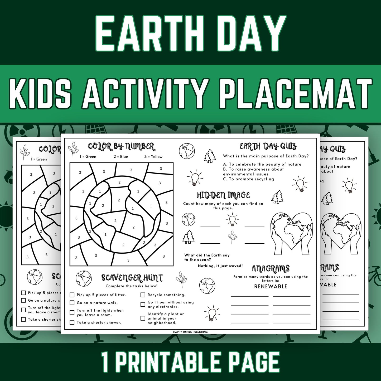 Earth Day Activity Placemat, Printable Puzzles Coloring & Games for Kids, Classroom Activities, Party Idea