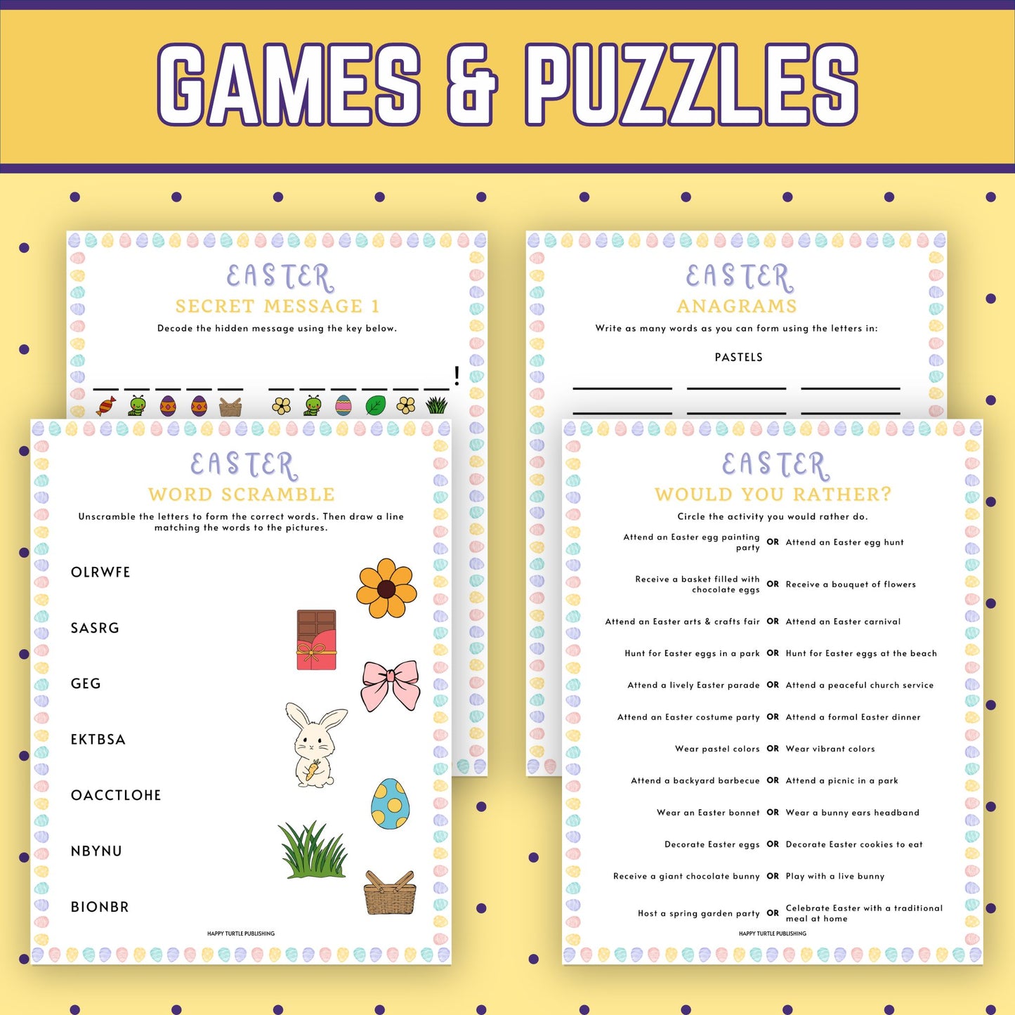 Easter Sunday Activity Pack, 32 Printable Puzzle Coloring & Game Worksheets for Kids