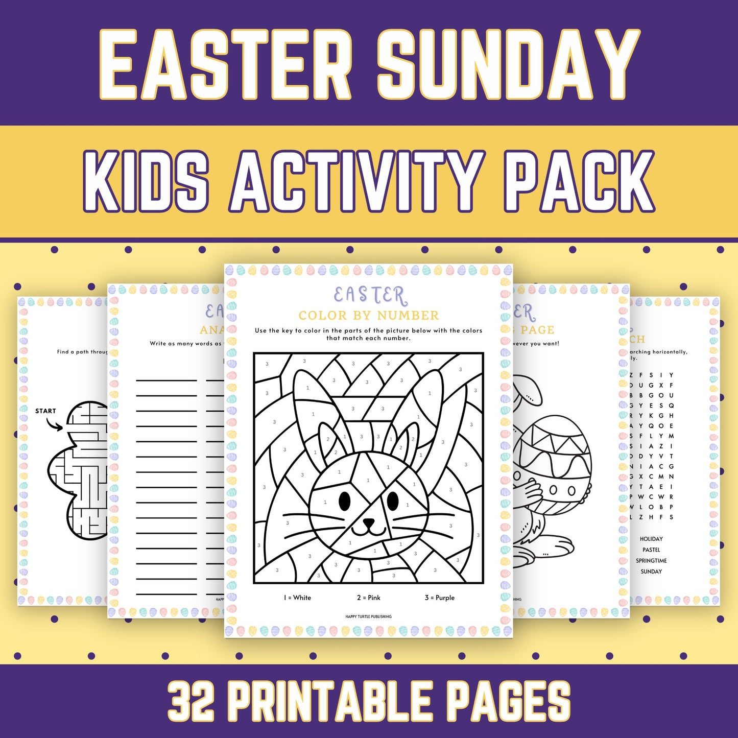 Easter Sunday Activity Pack, 32 Printable Puzzle Coloring & Game Worksheets for Kids