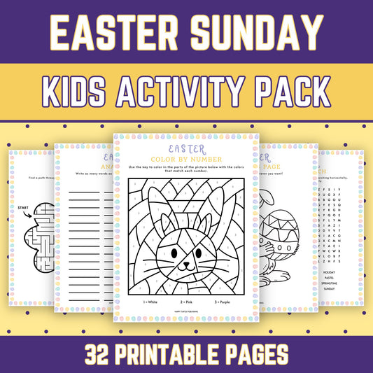 Easter Sunday Activity Pack, 32 Printable Puzzle Coloring & Game Worksheets for Kids