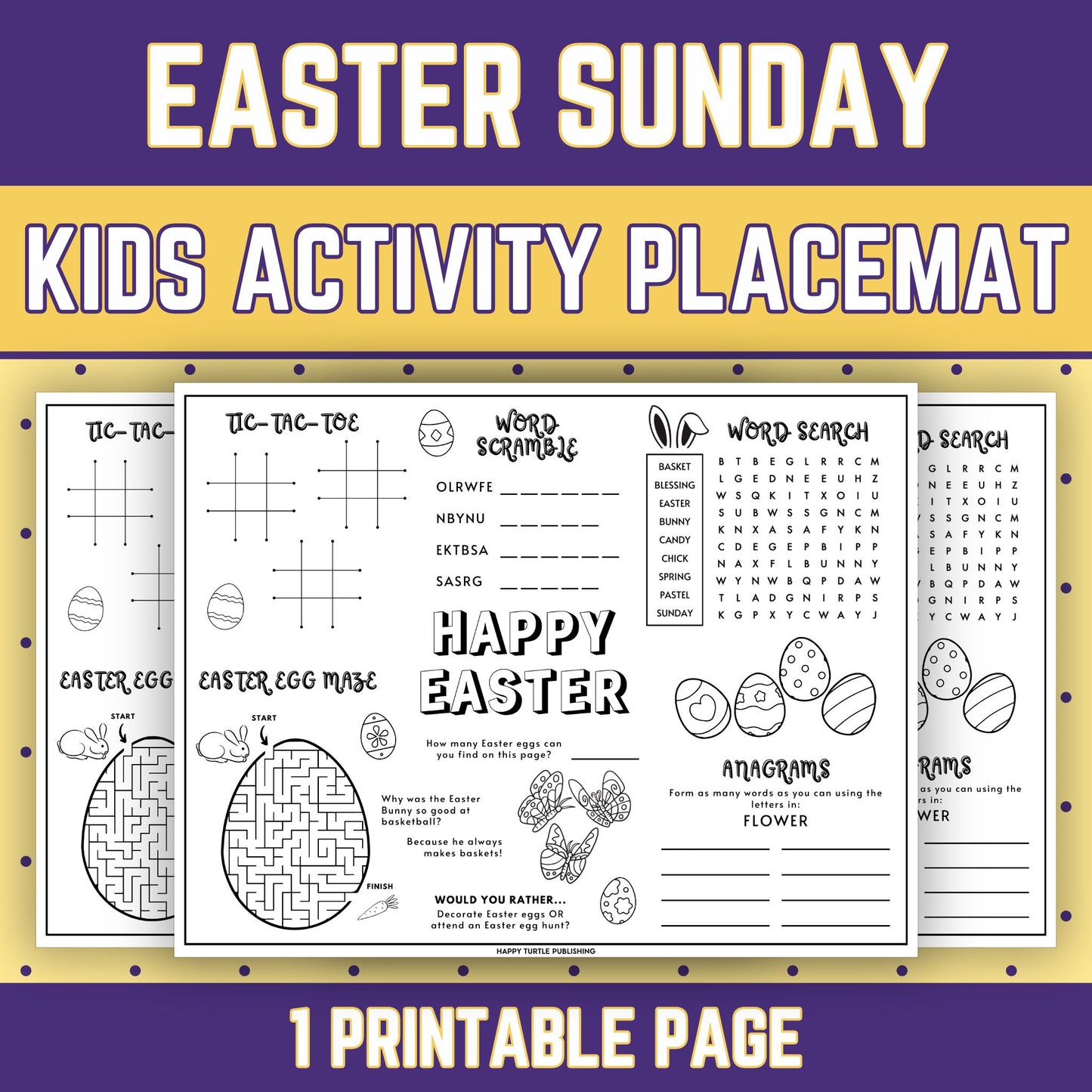 Easter Sunday Activity Placemat, Printable Puzzles Coloring & Games for Kids