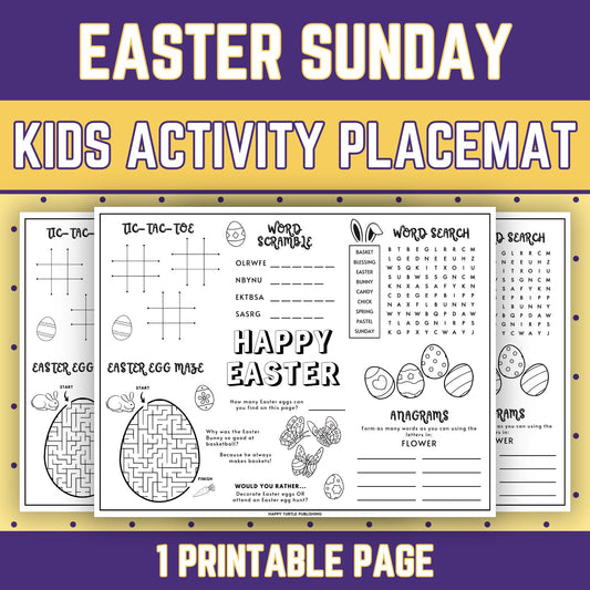 Easter Sunday Activity Placemat, Printable Puzzles Coloring & Games for Kids