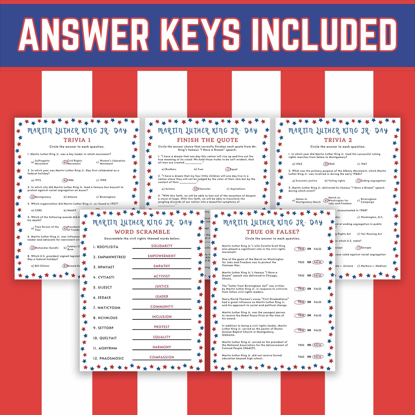 MLK Day Trivia and Games Bundle, 16 Printable Worksheets for Kids & Adults, Classroom Activities