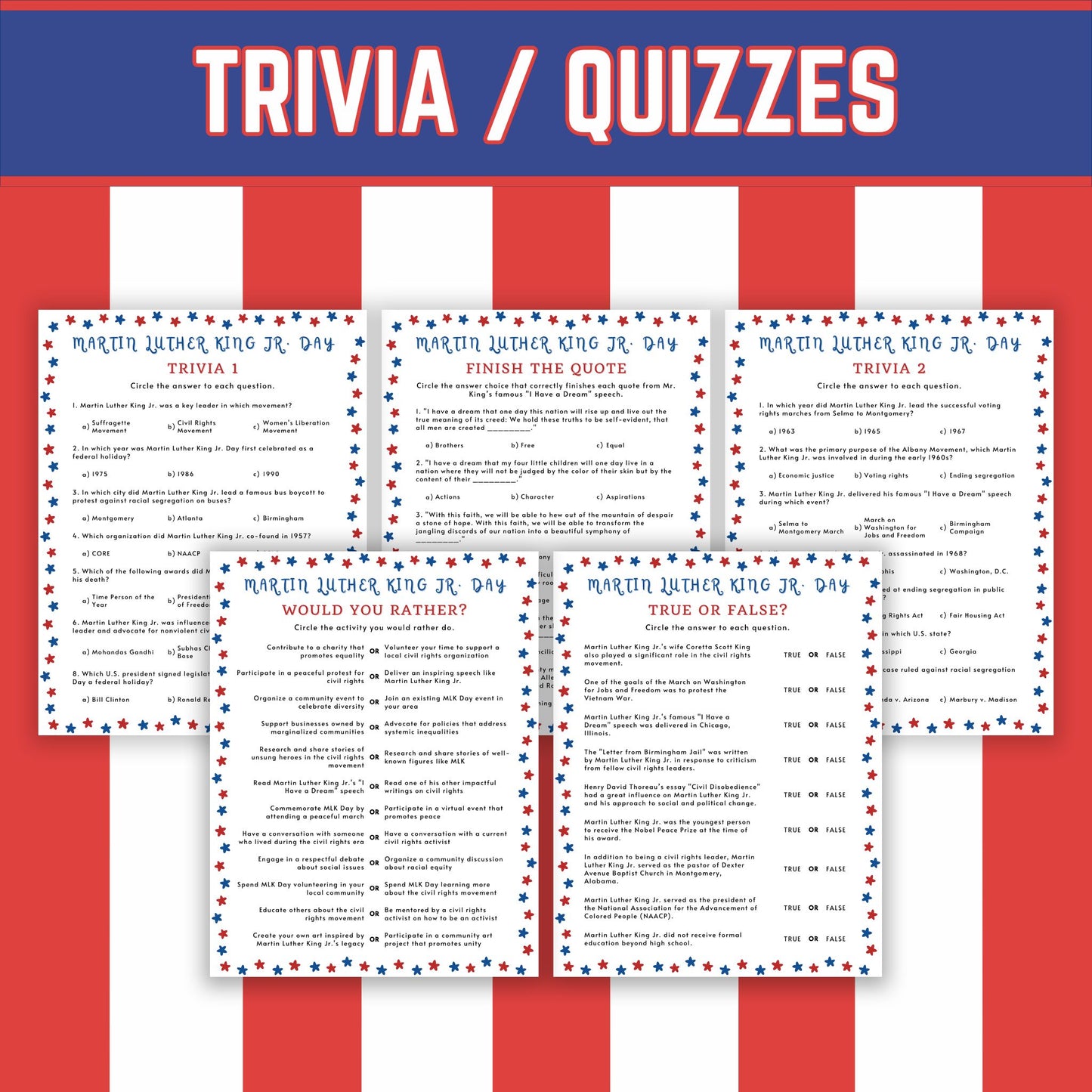 MLK Day Trivia and Games Bundle, 16 Printable Worksheets for Kids & Adults, Classroom Activities