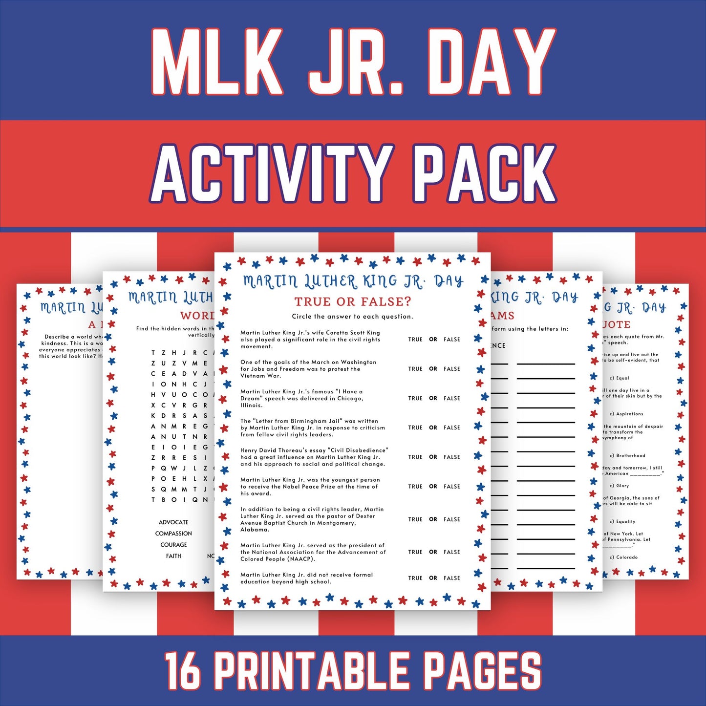 MLK Day Trivia and Games Bundle, 16 Printable Worksheets for Kids & Adults, Classroom Activities