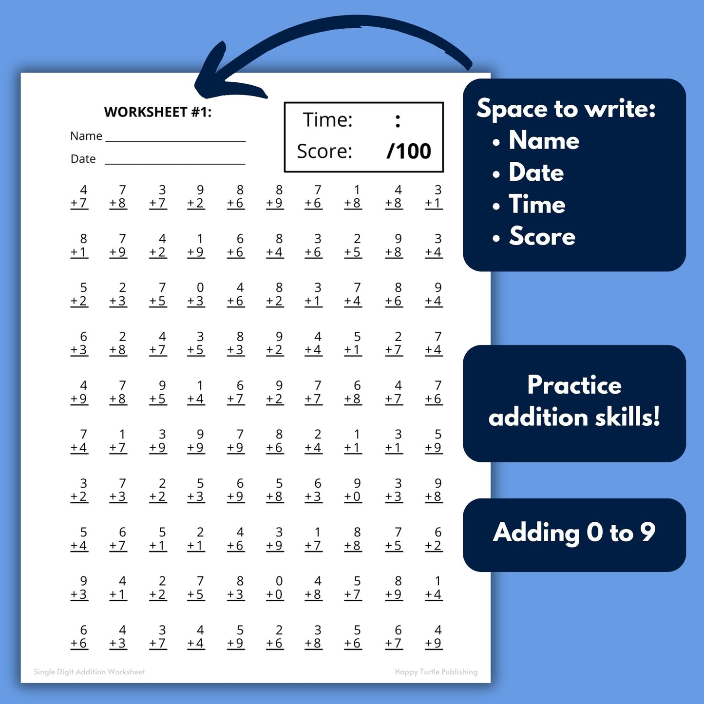 Single Digit Addition Printable Worksheets with Answer Keys, Adding 0 to 9, Timed Drills