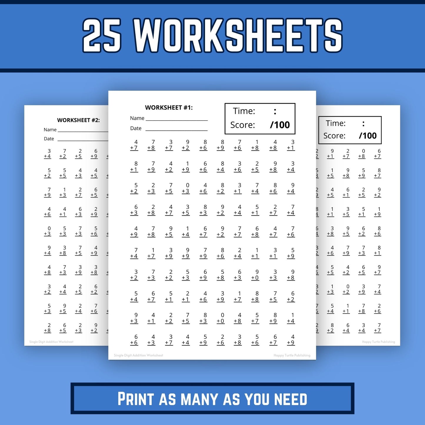 Single Digit Addition Printable Worksheets with Answer Keys, Adding 0 to 9, Timed Drills