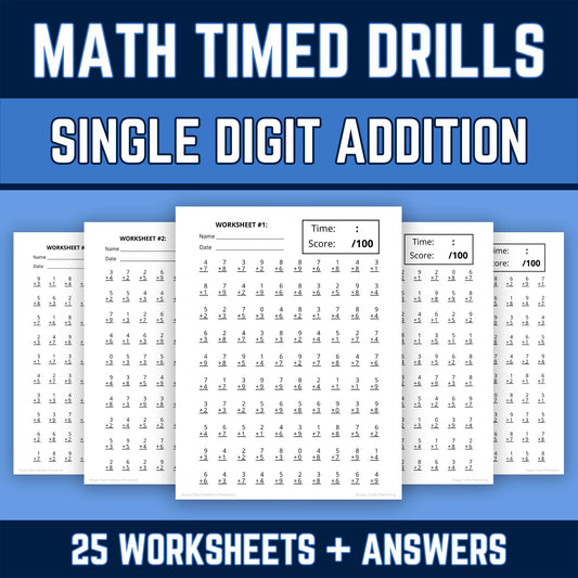 Single Digit Addition Printable Worksheets with Answer Keys, Adding 0 to 9, Timed Drills