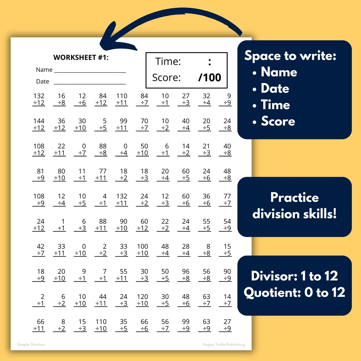 Simple Division Printable Worksheets, Division Facts 0 to 12 Times Table, Math Practice, Timed Drills