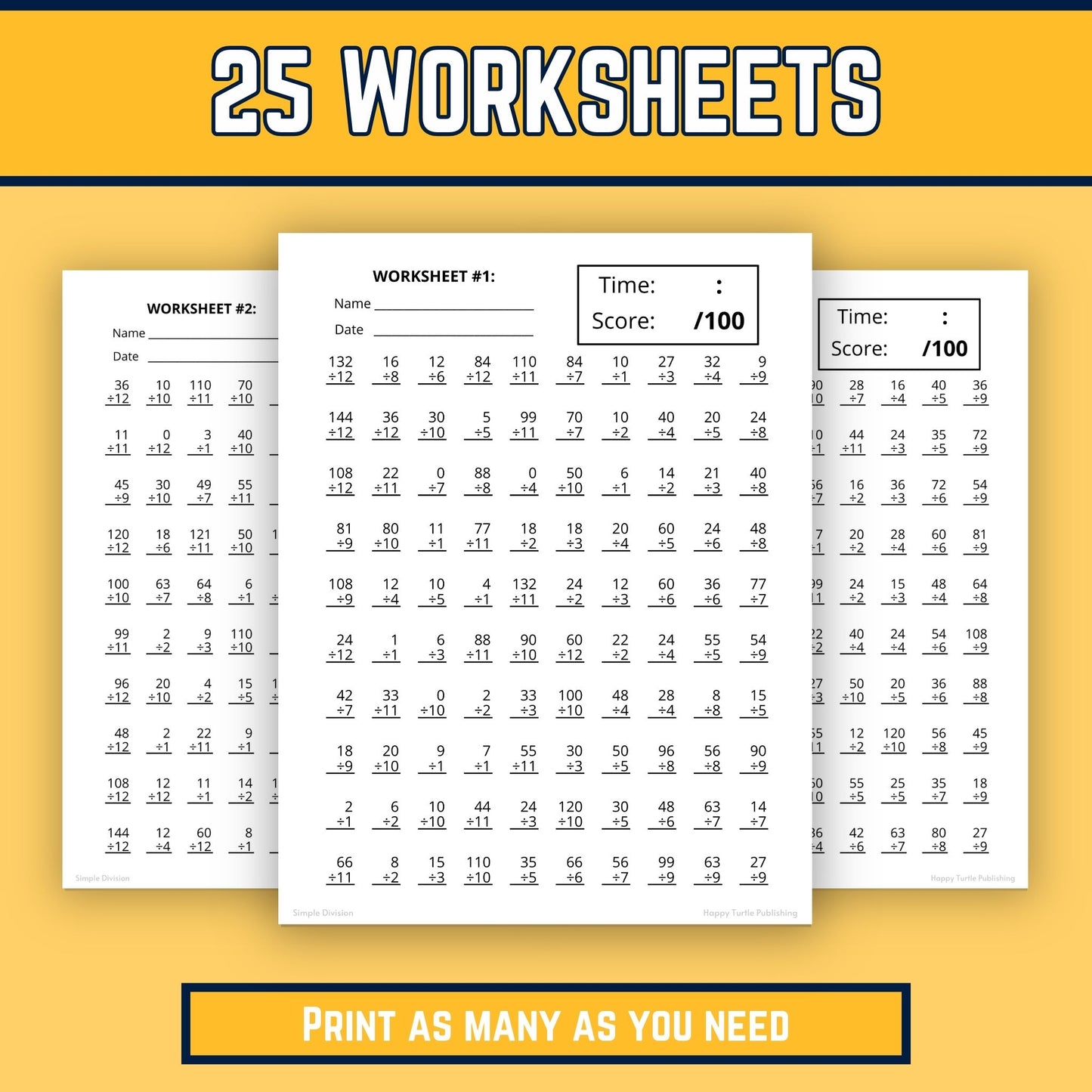 Simple Division Printable Worksheets, Division Facts 0 to 12 Times Table, Math Practice, Timed Drills