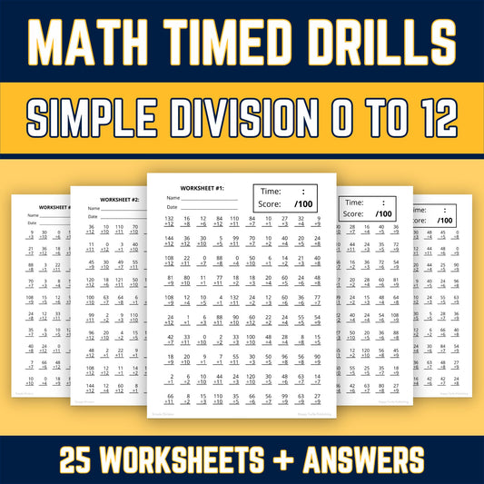 Simple Division Printable Worksheets, Division Facts 0 to 12 Times Table, Math Practice, Timed Drills