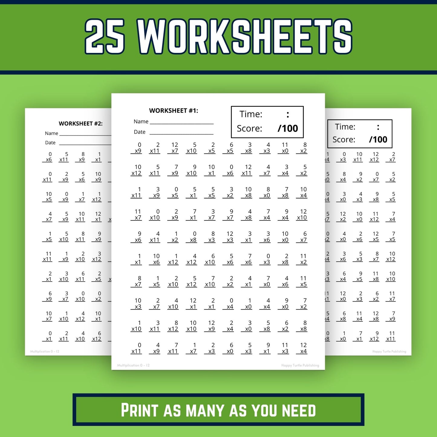 Multiplication Facts 0 to 12 Printable Worksheets, Multiplying Practice, Timed Drills