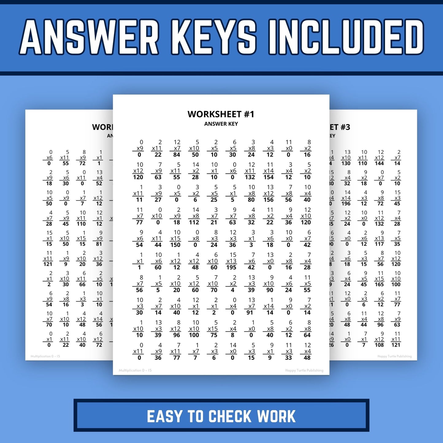 Multiplication Facts 0 to 15 Printable Worksheets with Answer Keys, Multiplying Practice, Timed Drills