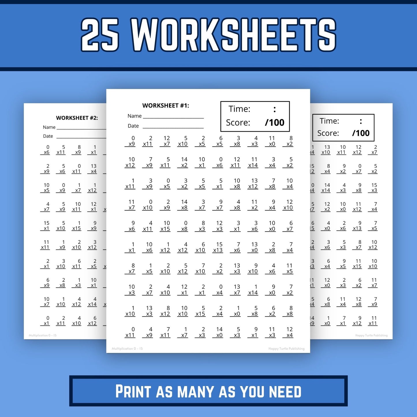 Multiplication Facts 0 to 15 Printable Worksheets with Answer Keys, Multiplying Practice, Timed Drills