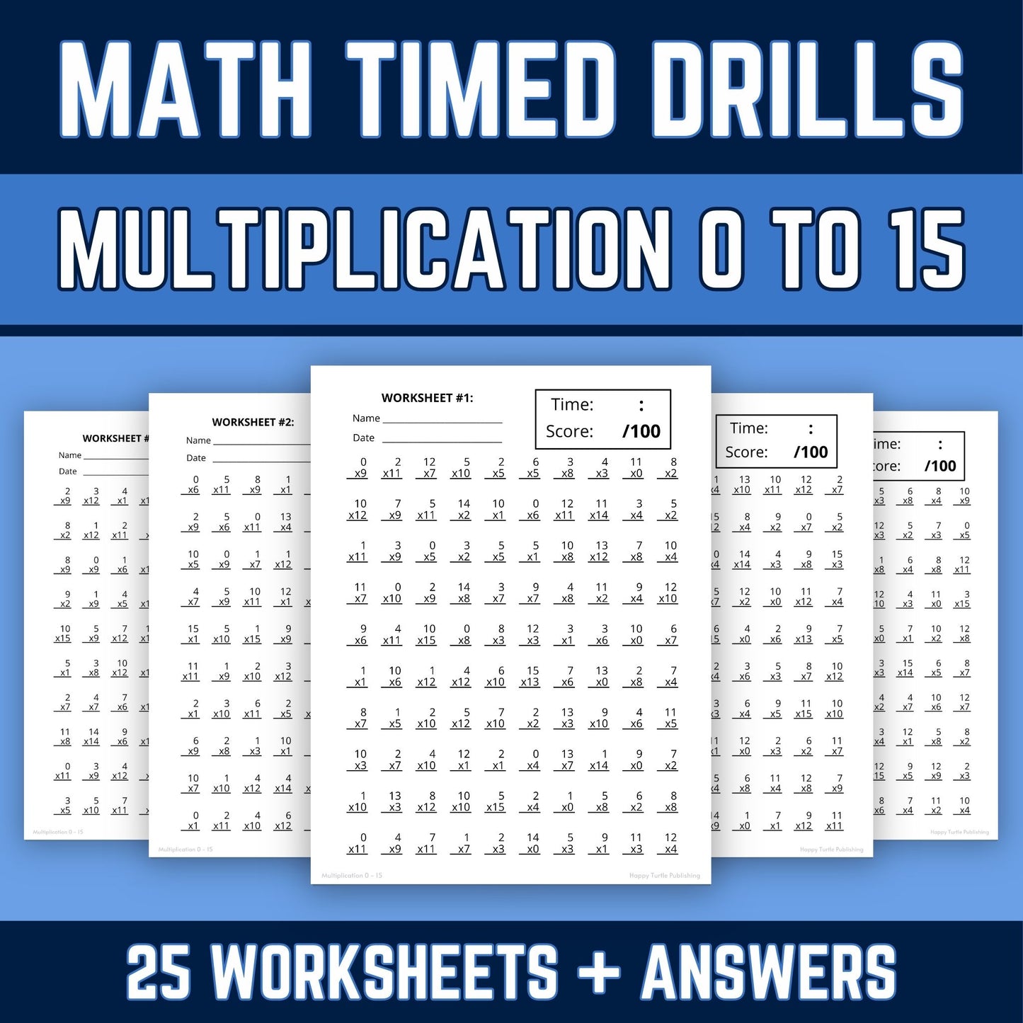 Multiplication Facts 0 to 15 Printable Worksheets with Answer Keys, Multiplying Practice, Timed Drills