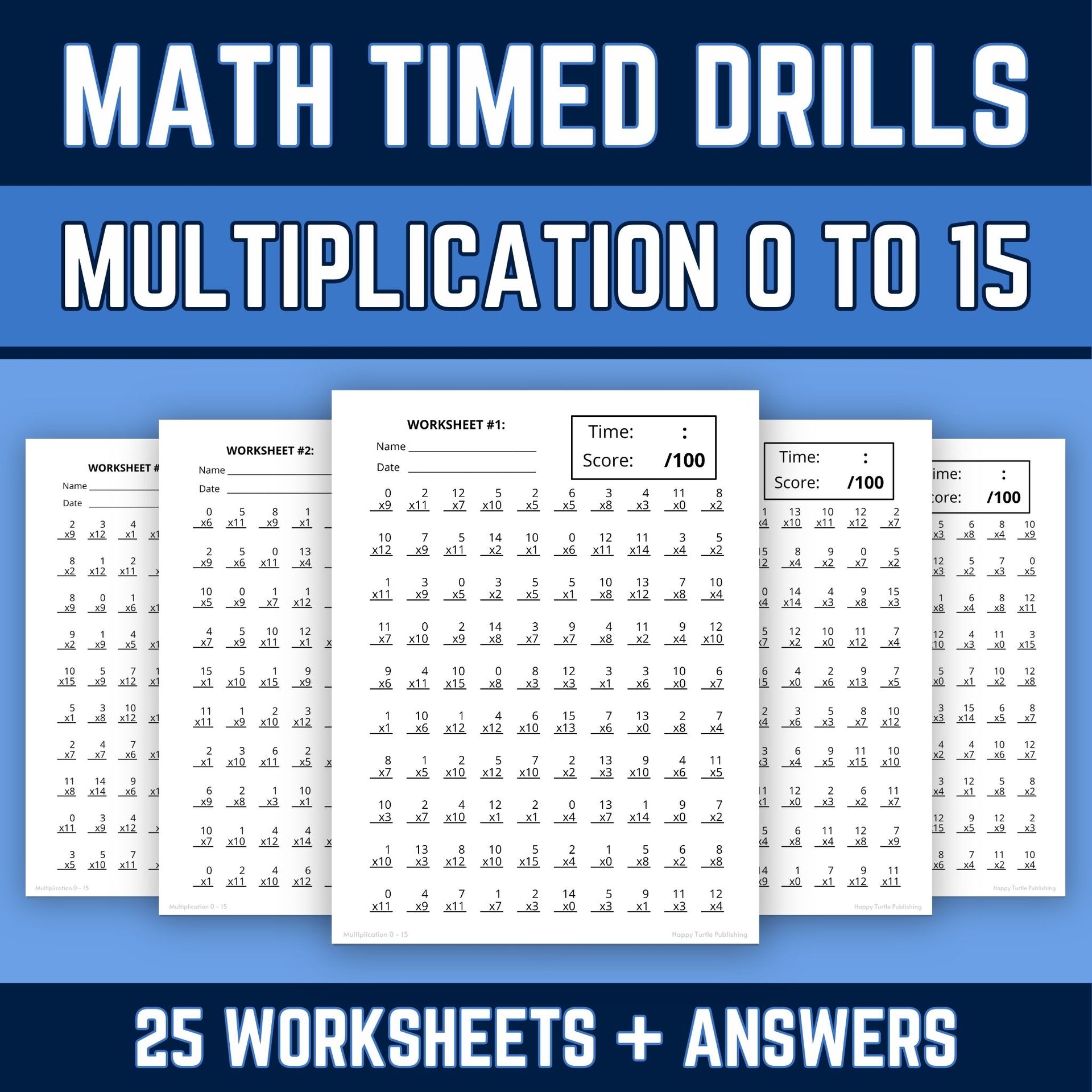 Multiplication Facts 0 to 15 Printable Worksheets with Answer Keys, Mu – The Happy Turtle LLC for Free Printable Minute Math Worksheets