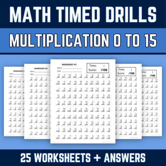 Multiplication Facts 0 to 15 Printable Worksheets with Answer Keys, Multiplying Practice, Timed Drills