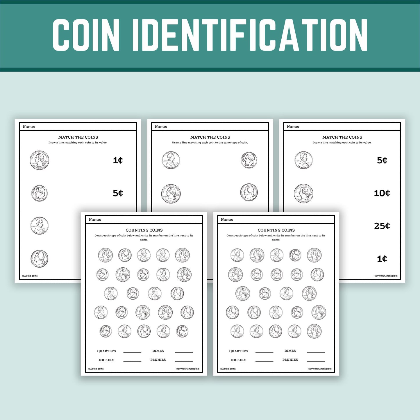 Printable Coin Learning Worksheets, U.S. Coins, Counting Change, Money Skills