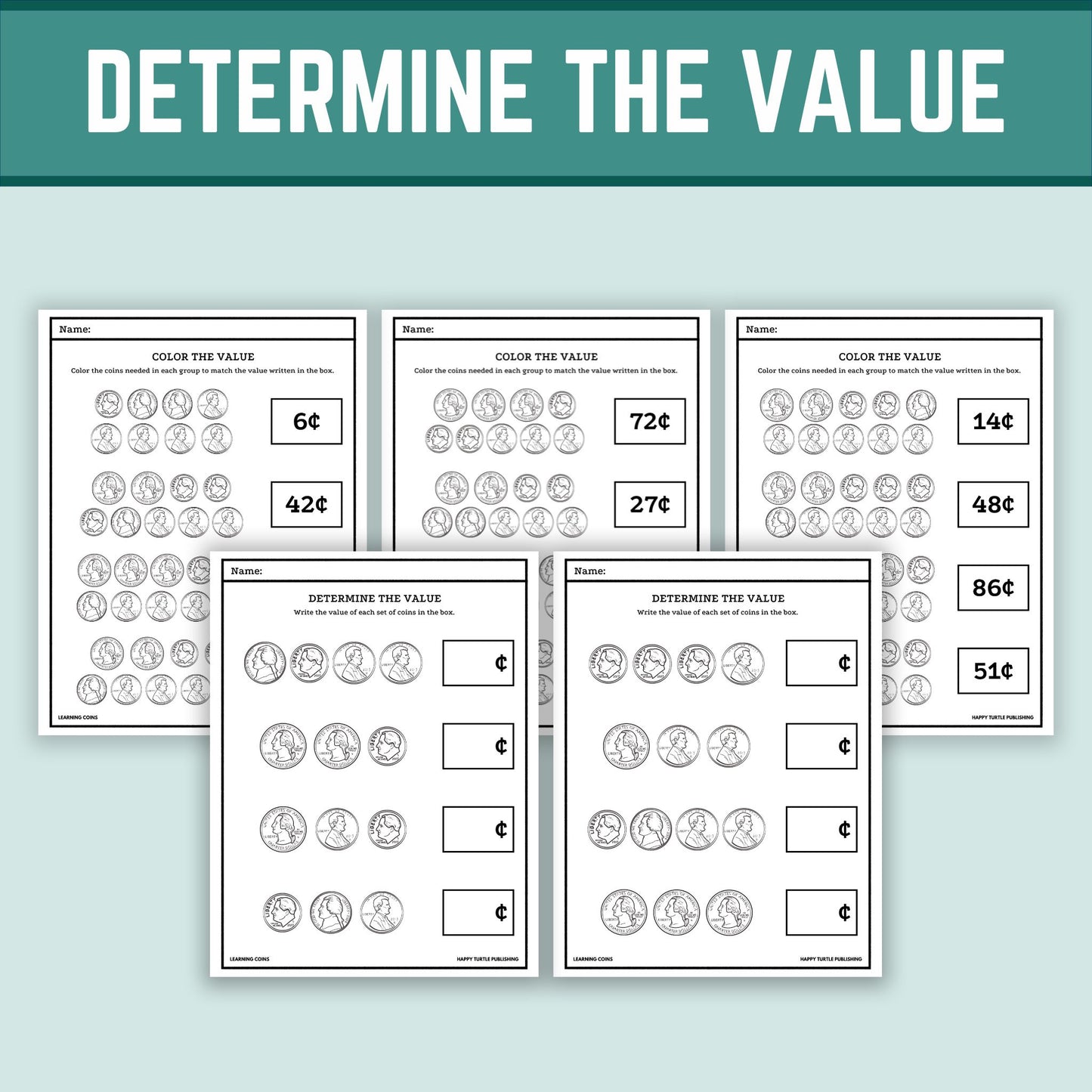 Printable Coin Learning Worksheets, U.S. Coins, Counting Change, Money Skills