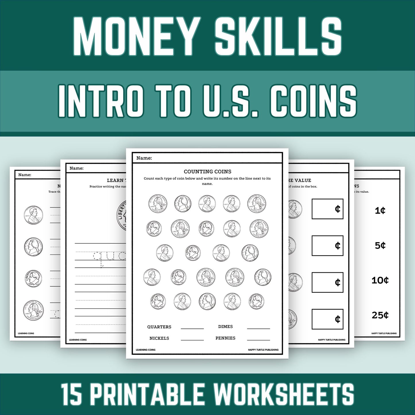 Printable Coin Learning Worksheets, U.S. Coins, Counting Change, Money Skills